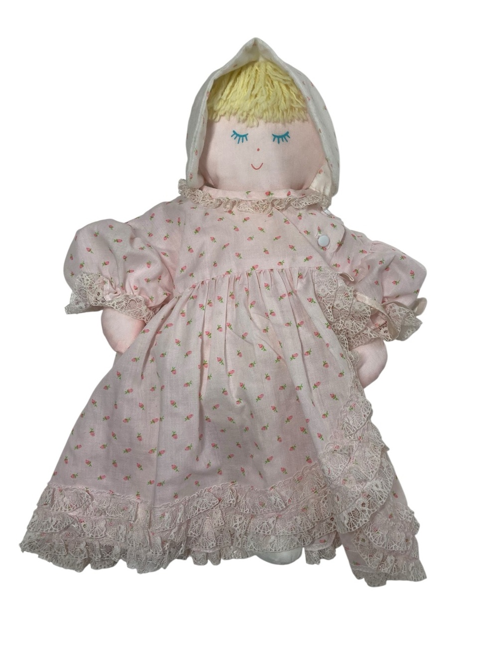 Vtg Eden Toys 14" Cloth Prairie Girl Doll Rosebud Dress Bonnet Baby Plush - READ